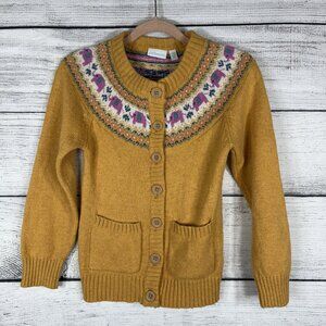 JoJo Maman Bebe Purple Elephants Fair Isle Mustard Yellow Cardigan Size 5-6